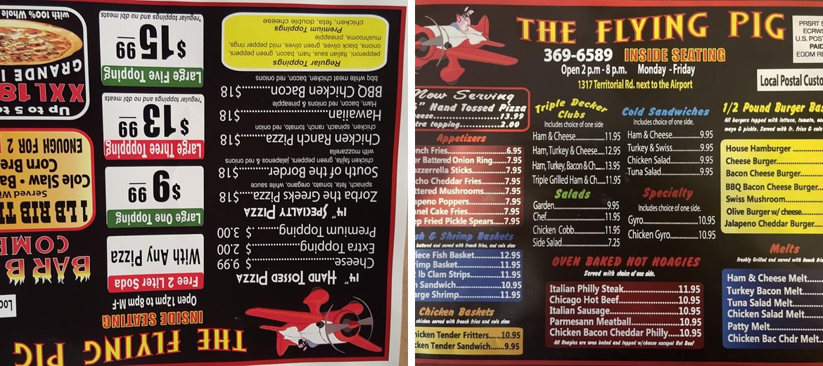 The Flying Pig Airport Diner Menu
